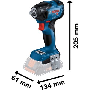 Bosch Professional Akku-Drehschlagschrauber GDS 18V-210 C Solo, blau/schwarz, mit Maßangaben.