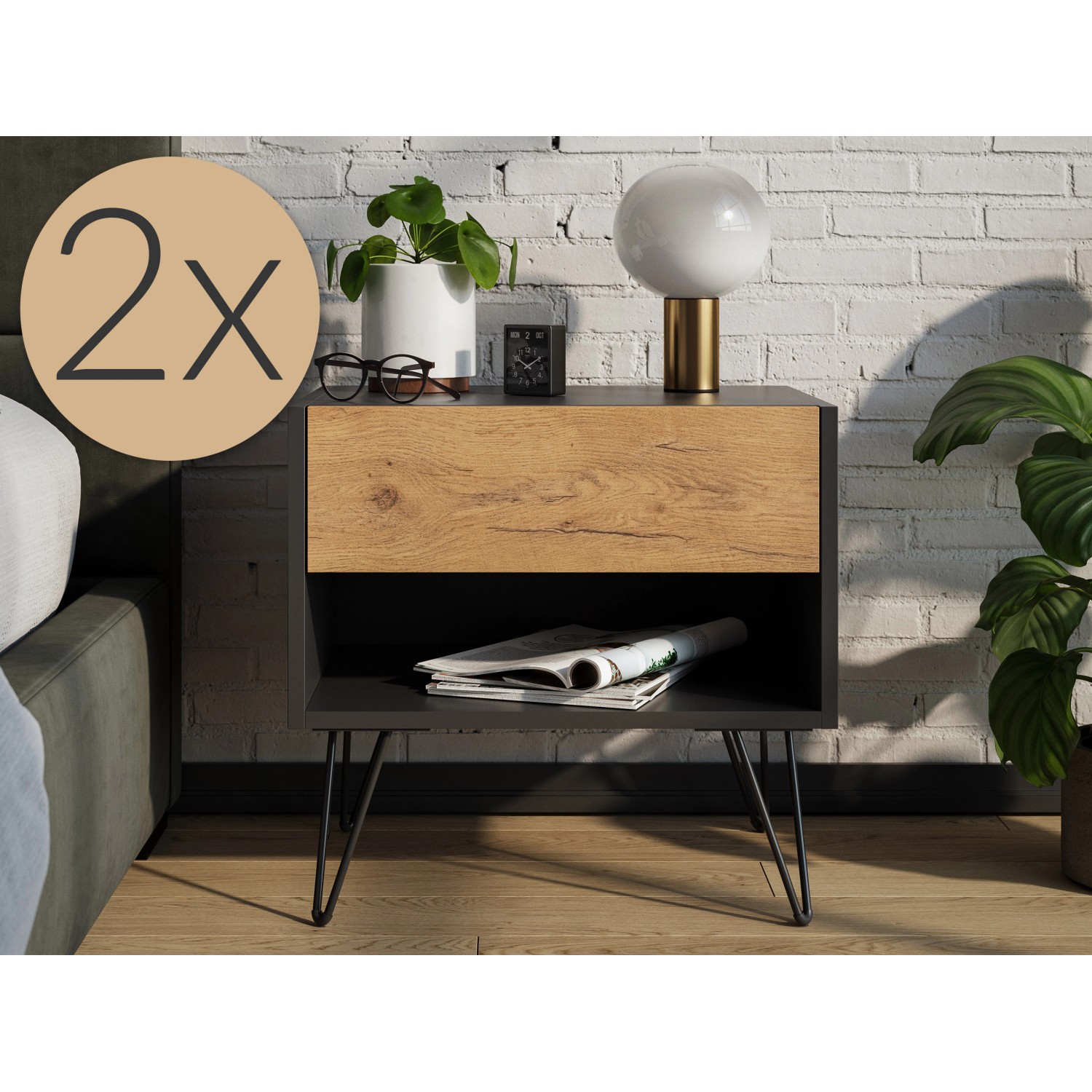 Posseik Nachttisch-Set Industrial B, 2-teilig, Grafit/Eiche, mit Metallfüßen.