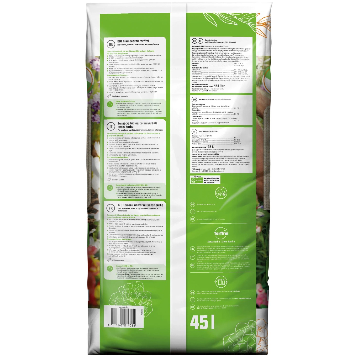GROW by OBI BIO Blumenerde, torffrei, 45l Sack Universalerde für Garten, Balkon und Zimmerpflanzen.