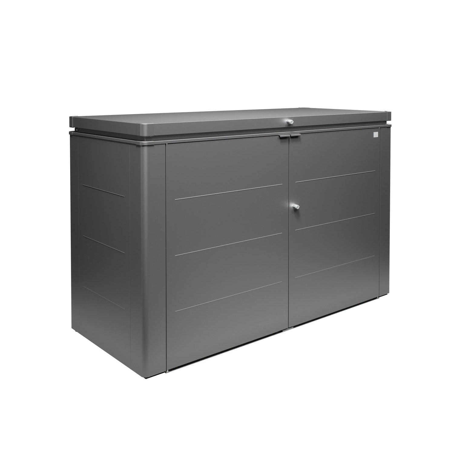 Dunkelgraue Biohort Gartenbox HighBoard 200 aus Metall mit zwei Türen und Schloss. Ideal als Universalbox für Garten, Kissen, Mülltonnen.
