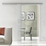 Levidor Glasschiebetür mit teilsatiniertem Quadratmuster, Edelstahl Stangengriff und Schienensystem im modernen Wohnraum.