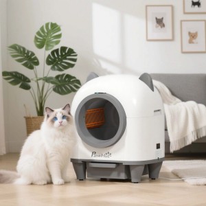 Weiße PawHut automatische Katzentoilette aus Kunststoff mit grauen Akzenten und Katze. Selbstreinigend, App-steuerbar.