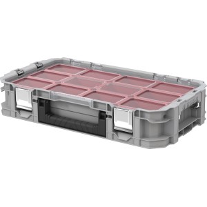 Keter Connect System Cantilever Organizer Werkzeugkoffer mit transparentem Deckel und roten Fächern.
