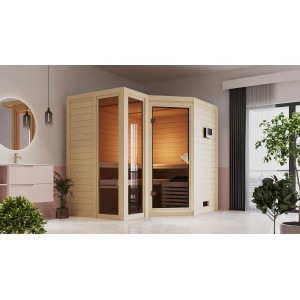 Karibu Sauna Amalia aus Fichte mit Ofen und externer Steuerung in naturbelassener Optik.
