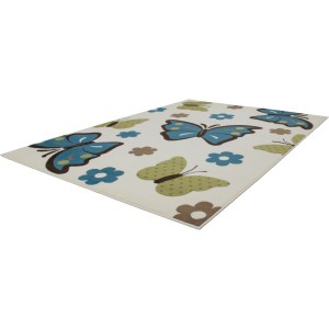 Kinderteppich Fargo elfenbein-türkis mit Schmetterlingen und Blumen, 80x150 cm.