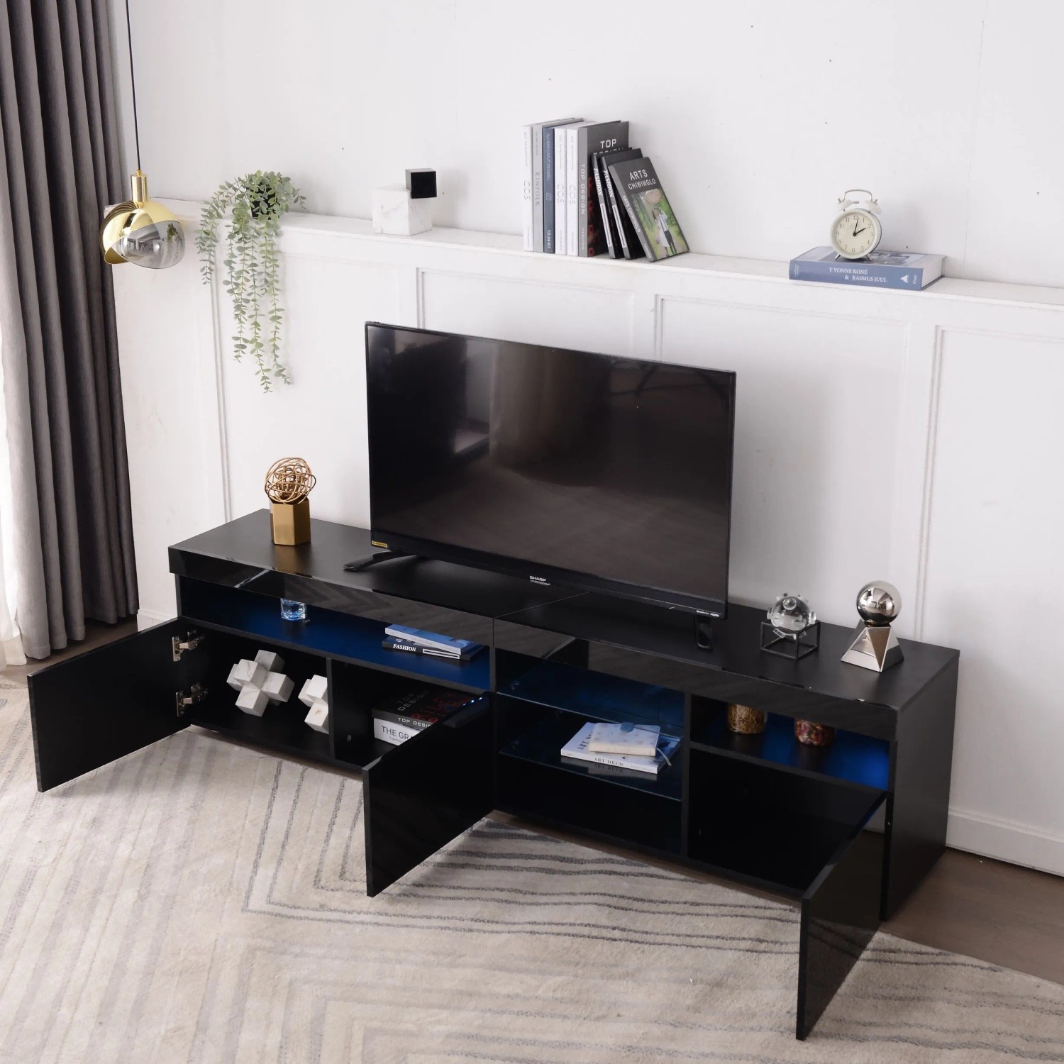 okwish TV Schrank mit LED Beleuchtung für Wohnzimmer 180x35x48cm Schwarz_3
