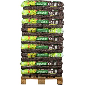 Stapel Compo Sana Grünpflanzen- und Palmenerde, 54 Säcke à 40 Liter auf Palette.