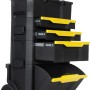Stanley Werkstattwagen, rollend, modular aufgebaut, mit Werkzeugboxen und Schubladen in Schwarz/Gelb.
