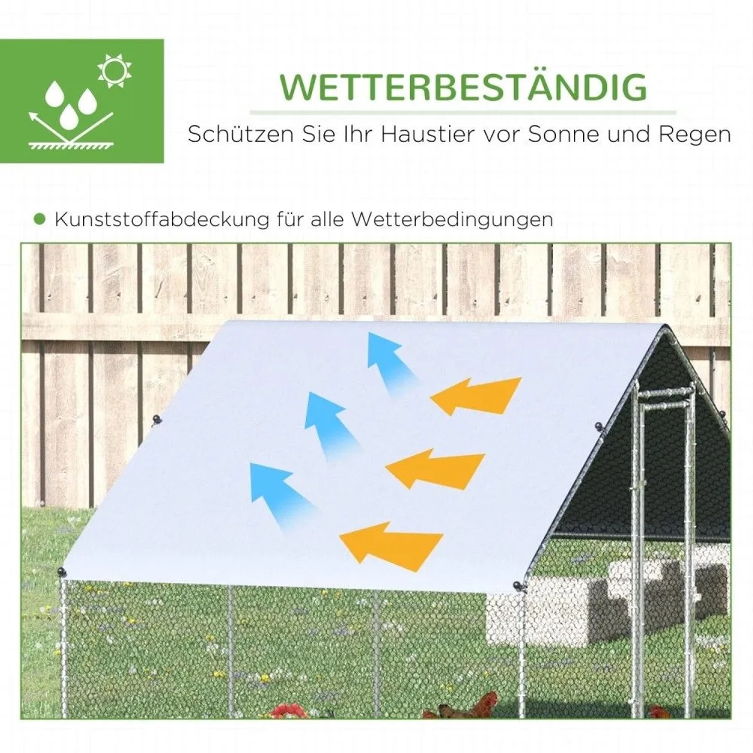 Wetterbeständiges Kunststoffdach des PawHut Hühnerstalls schützt vor Sonne und Regen. Ideal für Freilaufgehege.