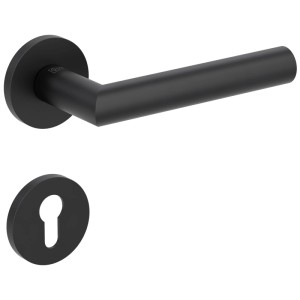 Schwarze Rosettengarnitur Mars mit Türgriff und PZ-Rosette für Innentüren. Modernes Design, 6mm flach.