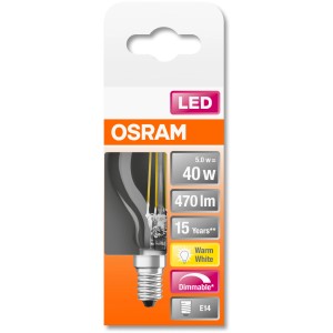 Osram E14 LED Lampe in Tropfenform, 4,8W, dimmbar, warmweiß.