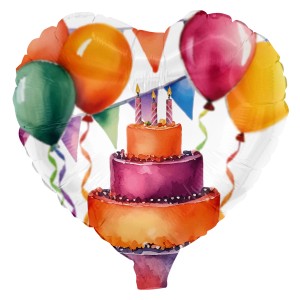 Party Factory Folienballon Happy Birthday mit Kuchen und Ballons, Ø 45cm