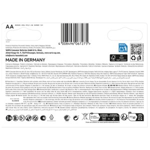 Rückseite der Varta Alkalische Batterie Mignon AA LR06 Packung, weiß, mit Barcode und Made in Germany.