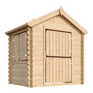 Timbela Kinderspielhaus M516-1 aus Holz, naturbelassen, mit Fensterläden und zweigeteilter Tür.