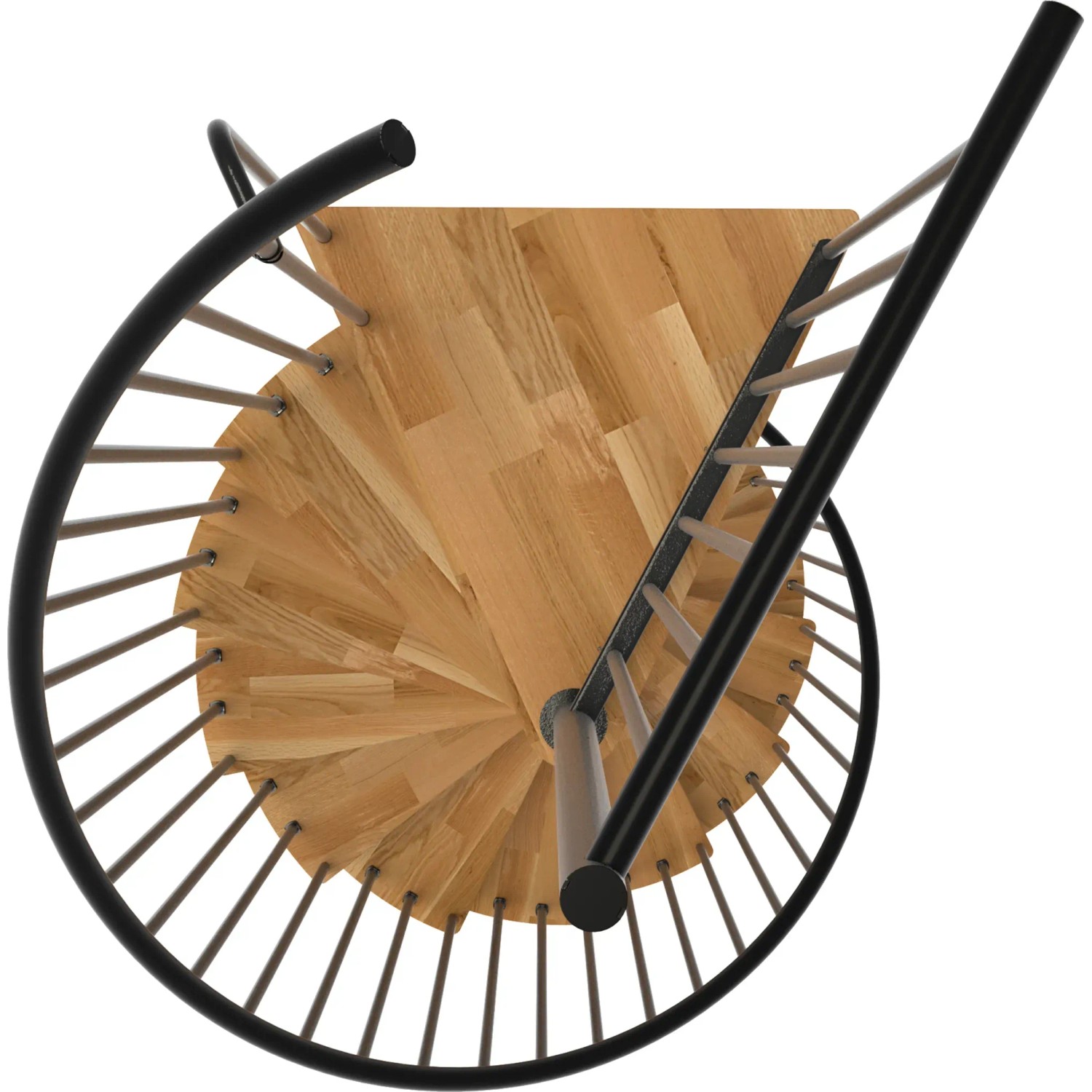 Minka Spindeltreppe Spiral Smart Eiche Schwarz, Aufsicht. Innentreppe mit Holzstufen und schwarzem Geländer.