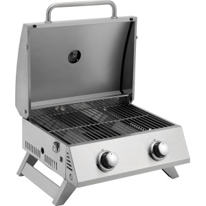 Tepro Chicago Tisch-Gasgrill aus Edelstahl mit geöffnetem Deckel und Grillrost.