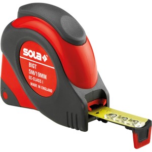 Rollmeter BigT 8 m, 25 mm, rot/anthrazit, mit ausgefahrenem gelbem Messband. Präzises Messwerkzeug für Heimwerker.