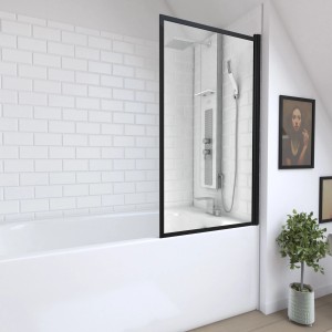 Aurlane Badewannenfaltwand Dark Edge, 1-flügelig, 75x130cm, mit schwarzem Rahmen.