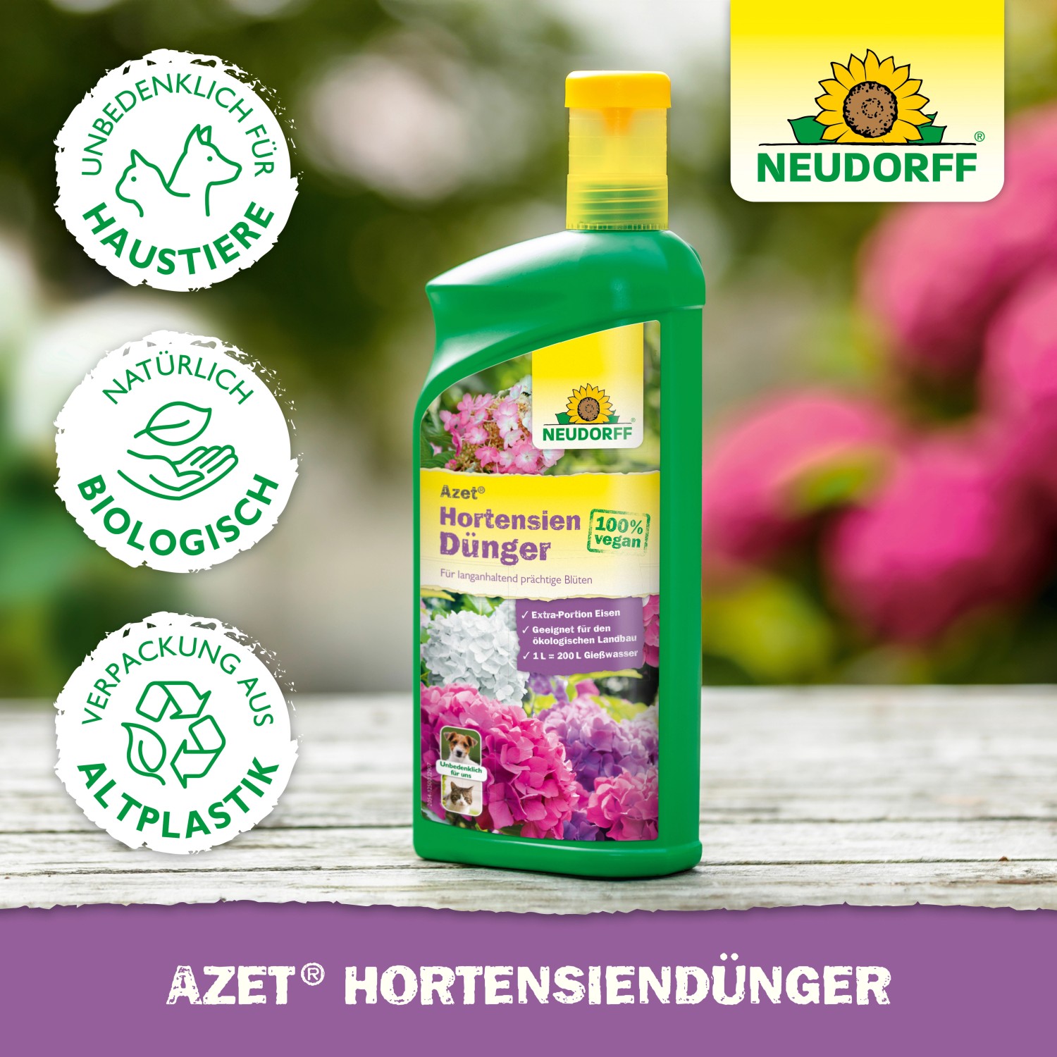 Neudorff Hortensien Dünger Azet 1 l Flasche für farbenfrohe Blüten.