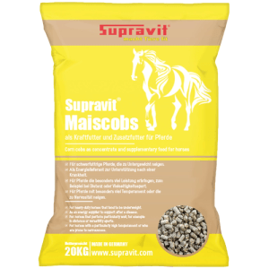 Gelb-brauner Supravit Maiscobs Beutel für Pferde. Zeigt ein Pferd und die Futterpellets. 20kg Kraftfutter zur Gewichtszunahme.