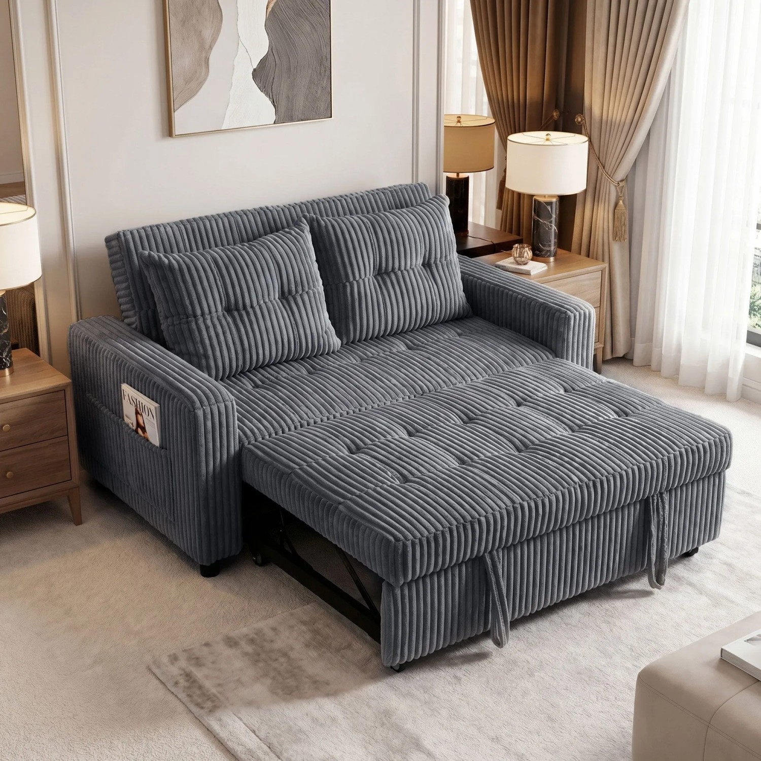 Dunkelgraues HOMCOM Schlafsofa aus Cordstoff, als Bett ausgezogen, mit Kissen und Seitentasche in Wohnzimmerumgebung.