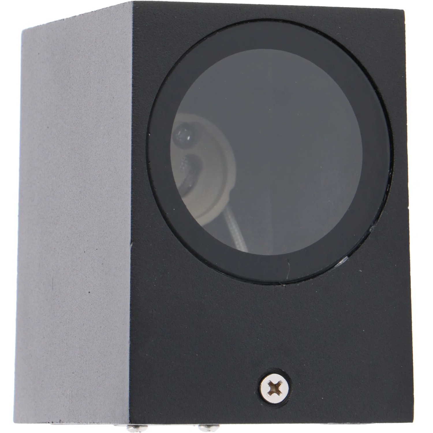 Schwarze, eckige LED`s light Außenwandleuchte mit runder Glasabdeckung.