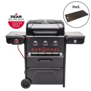 Char-Broil Gas2Coal Special Edition 3 Hybridgrill mit 3 Brennern und Grillplatte.