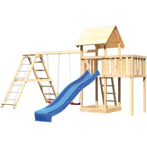 Karibu Spielturm Lotti mit Doppelschaukel, Klettergerüst und blauer Rutsche aus naturbelassenem Holz.