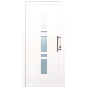 Weiße Premium Kunststoff-Haustür SMK 017 mit Milchglaseinsätzen und Edelstahlgriff.