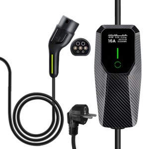 Junsun Typ 2 tragbares EV Ladegerät mit schwarzem Gehäuse, 16A Display, Netzstecker und Ladekabel.