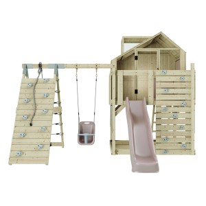 PolarPlay Babyschaukel Anika altrosa mit Rutsche, Kletterwand und Spielhaus aus Holz.
