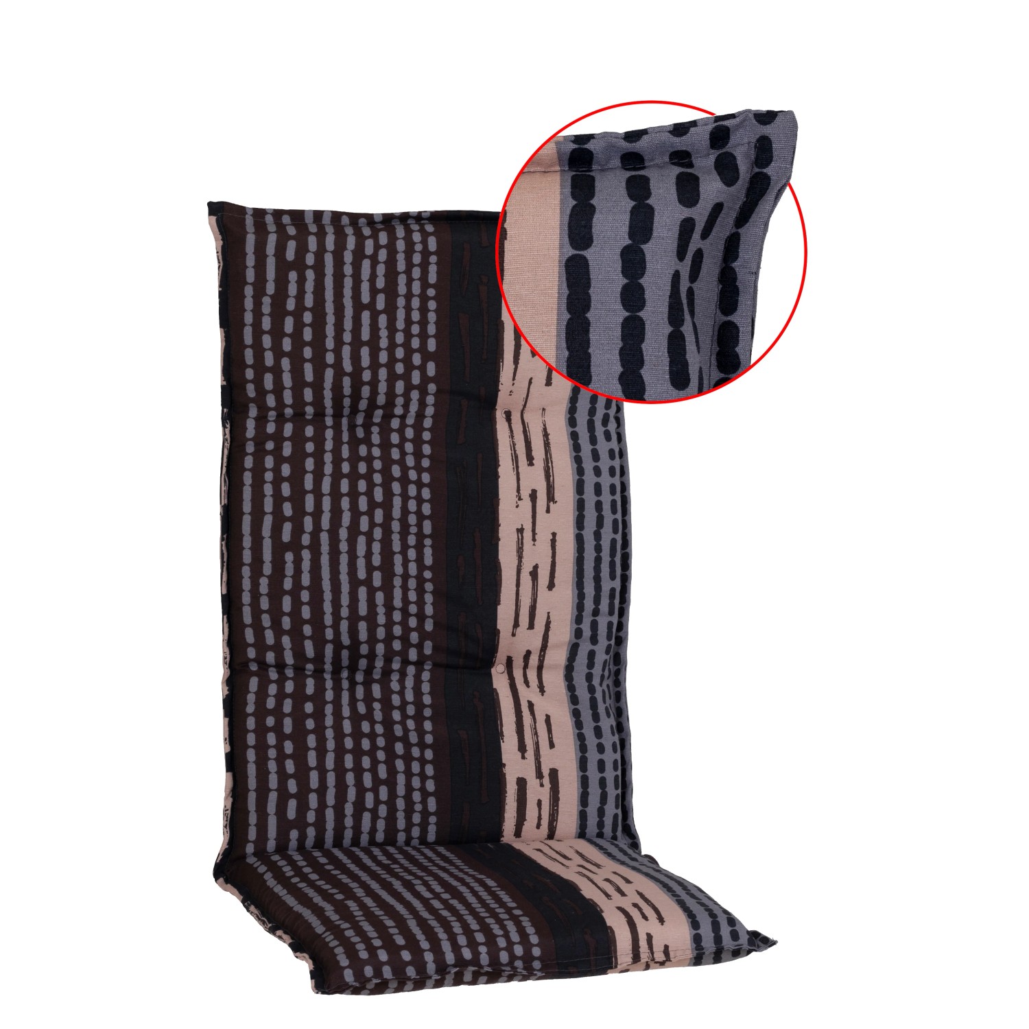 Gestreifte Beo Sitzauflage Bangui für Hochlehner in Grau-Ecru. Bequemes Sitzkissen für Gartenstühle.