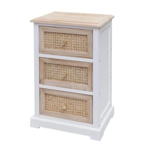 Weiße Kommode mit drei Schubladen und Rattanfront im Naturfarben Design.