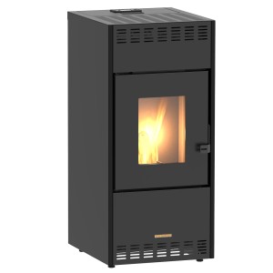 Schwarzer Blaze Pelletofen Mareni 10 kW mit Sichtfenster und Flammen.