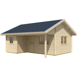 Skan Holz Gartenhaus St. Moritz, 600x500 cm, mit überdachter Terrasse und drei Räumen.