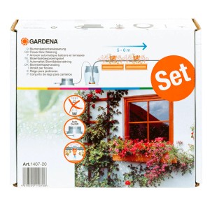 Verpackung der Gardena Blumenkastenbewässerung, automatisches Micro-Drip-System für bis zu 6 m Blumenkästen.