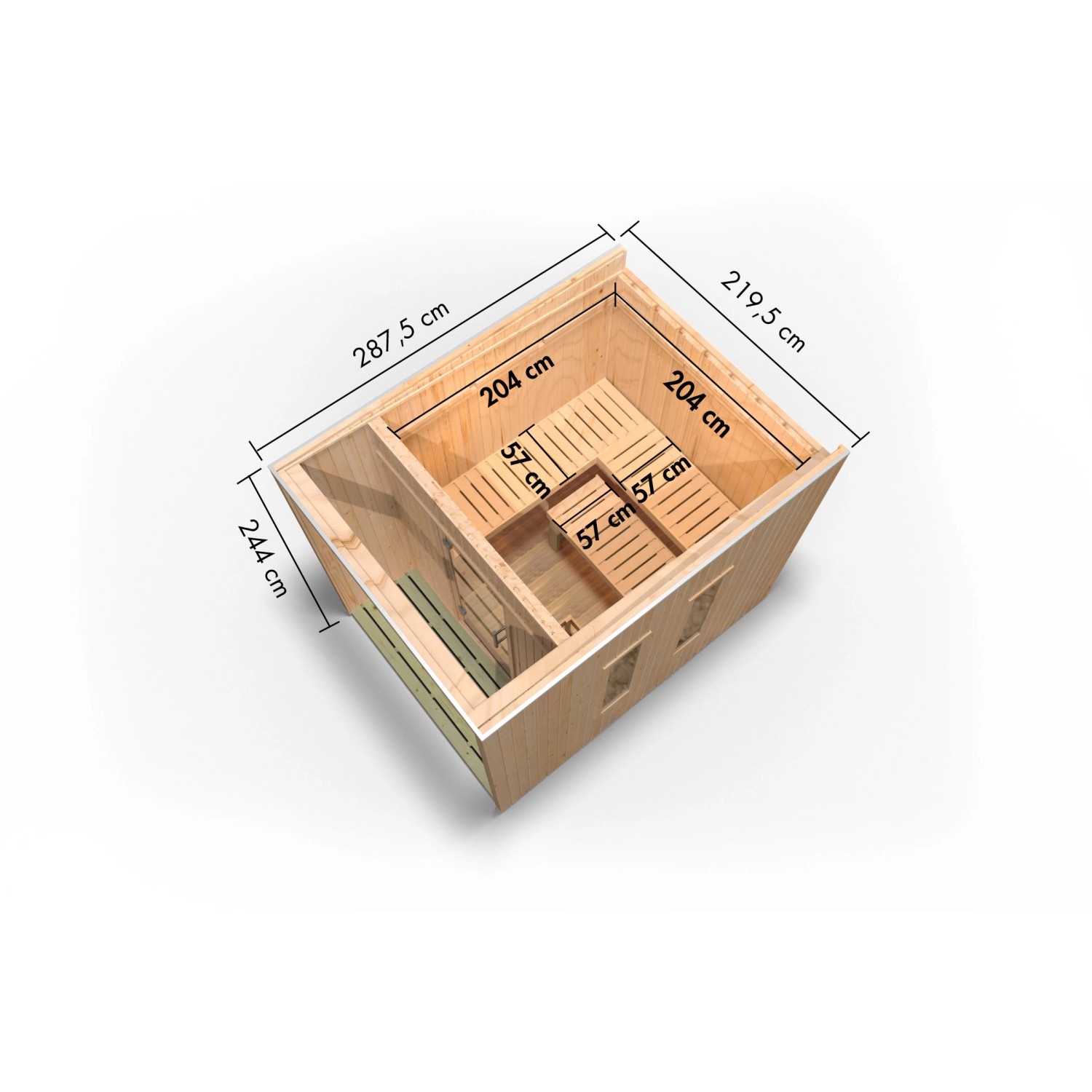 Karibu Saunahaus Rapallo, 219,5x287,5 cm, naturbelassen, Draufsicht mit Maßen. Saunahaus für den Garten.