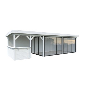 Palmako Pavillon Lenna Set, 876x300 cm, weiß lackiert. Weekendhaus mit Schiebetüren und Tresen.