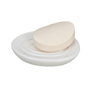 Wenko Seifenablage Pebble Stone, weiße Seifenschale aus Polyresin mit Seife.