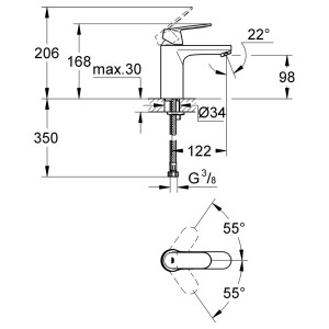 Technische Zeichnung: Grohe Eurosmart C Waschtischarmatur M-Size, Chrom, mit Maßangaben.