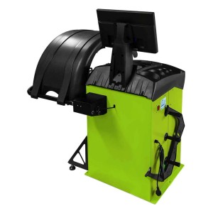 Grüne Zipper Reifenwuchtmaschine ZI-RWM827-LCD mit schwarzer Schutzhaube und LCD-Display für präzise Autoreparatur.