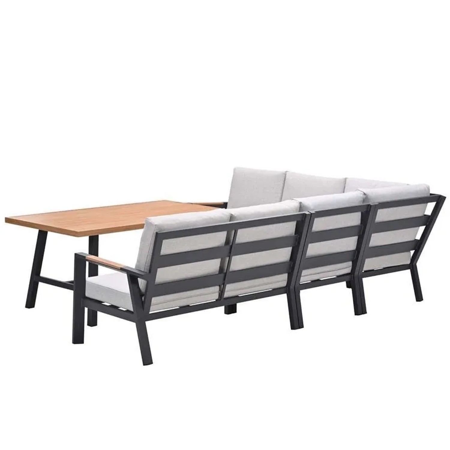 Elati 5-teiliges Lounge Dining Eckset aus anthrazit Aluminium mit Teak-Look Tischplatte und hellen Kissen für Garten & Terrasse.