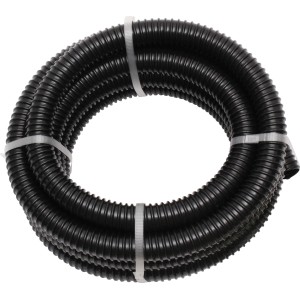 Schwarzer Spiralschlauch (Ø 19 mm) zur Entwässerung, aufgerollt und mit Kabelbindern fixiert.