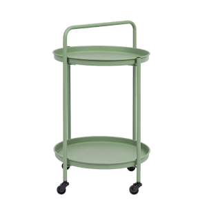 Grüner Servierwagen AUSTIN mit zwei Tabletts und Rollen für den flexiblen Einsatz.