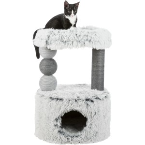 Grauer Kratzbaum Harvey (73 cm) mit Katzenhöhle, Liegefläche und Kratzsäule. Katze sitzt oben.