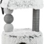 Grauer Kratzbaum Harvey (73 cm) mit Katzenhöhle, Liegefläche und Kratzsäule. Katze sitzt oben.