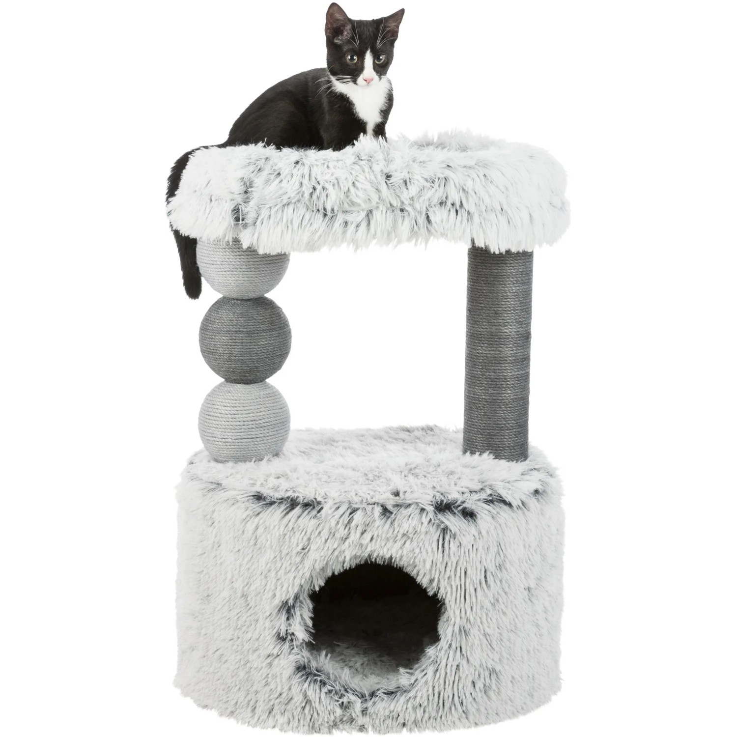 Grauer Kratzbaum Harvey (73 cm) mit Katzenhöhle, Liegefläche und Kratzsäule. Katze sitzt oben.