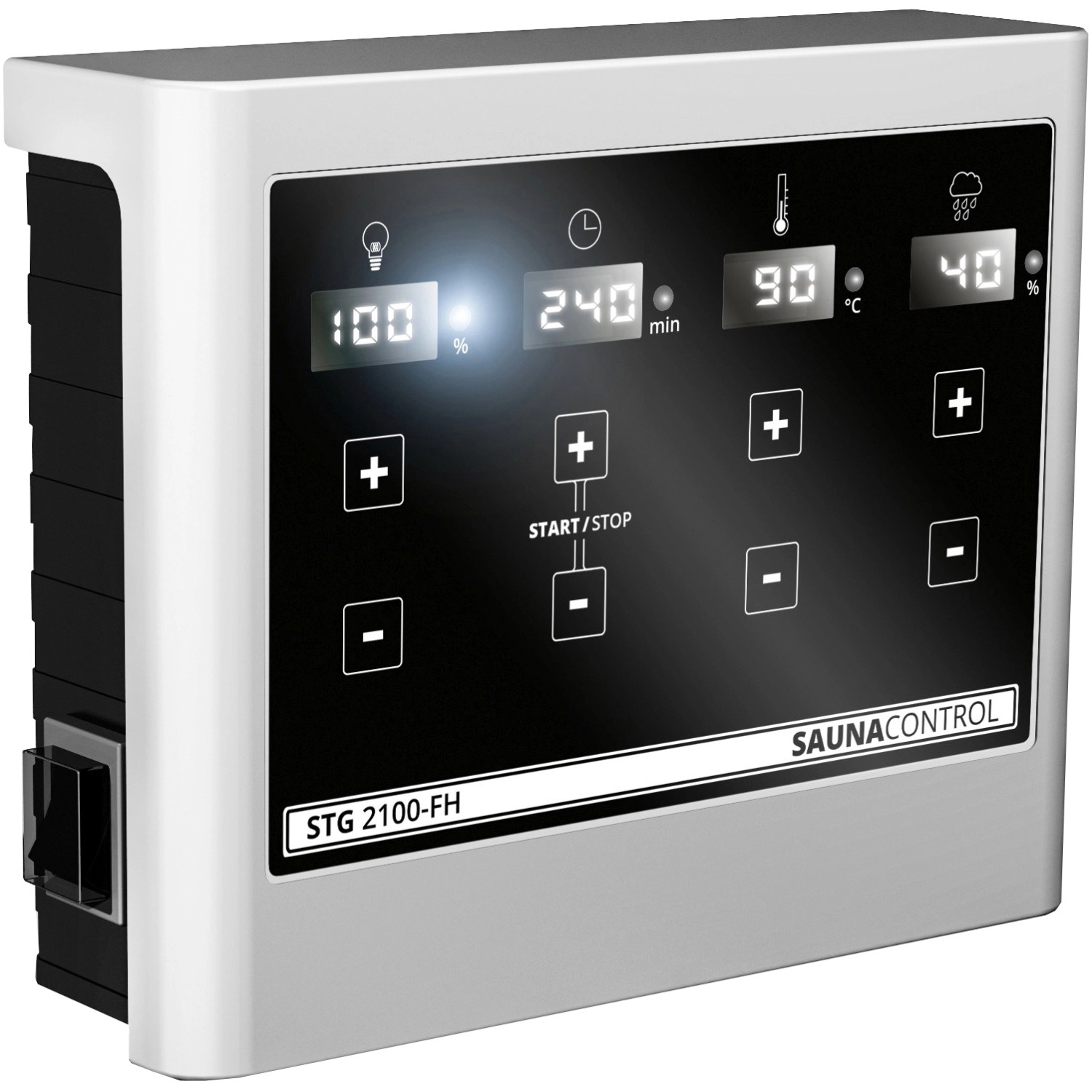 Detailaufnahme der externen Steuerung für Karibu Sauna-Set Cleo mit digitalem Display.