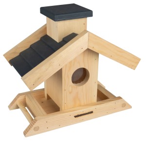Windhager Vogelfuttersilo Finca aus hellem Holz mit Dach, Sichtfenster und Sitzstangen.