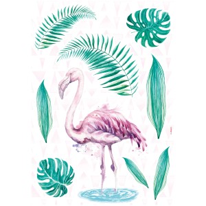 Komar Deko-Sticker: Aquarell-Flamingo mit tropischen Blättern, Wandtattoo für Wohnraum.